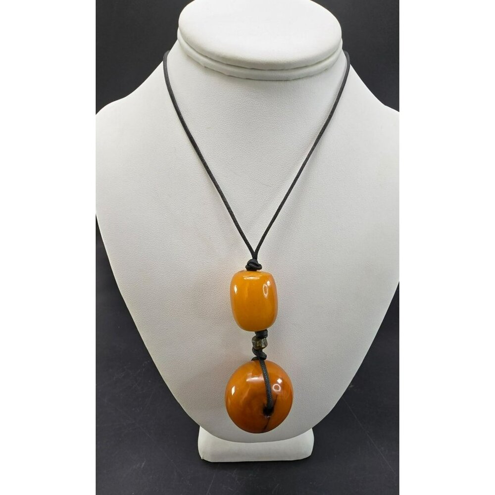 Vintage Amber-colored Bakelite Resin Pendant Necklace With Black Cord HS202